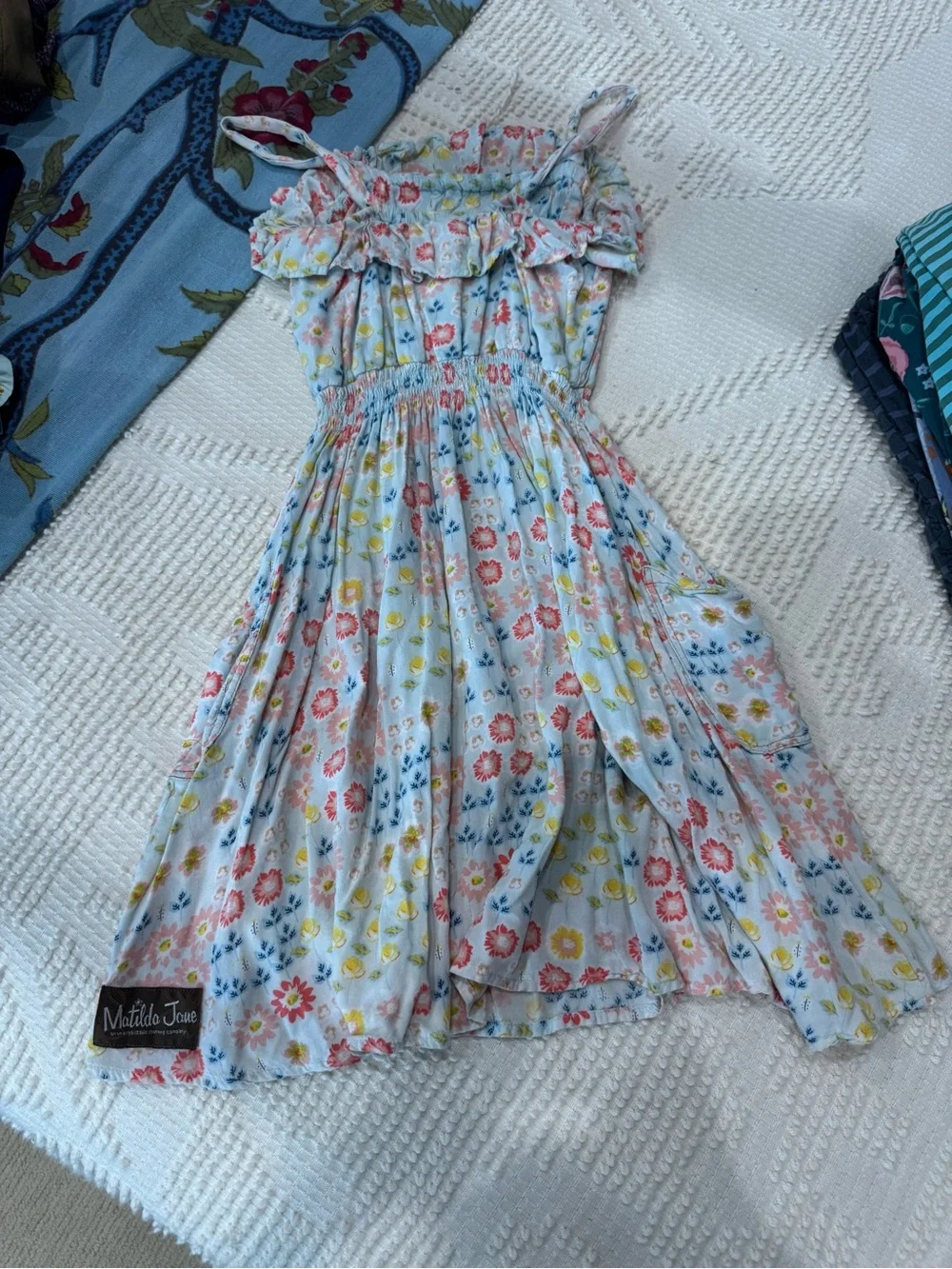 Matilda Jane Blue Floral Ruffle Sundress with Pink and Yellow Accents